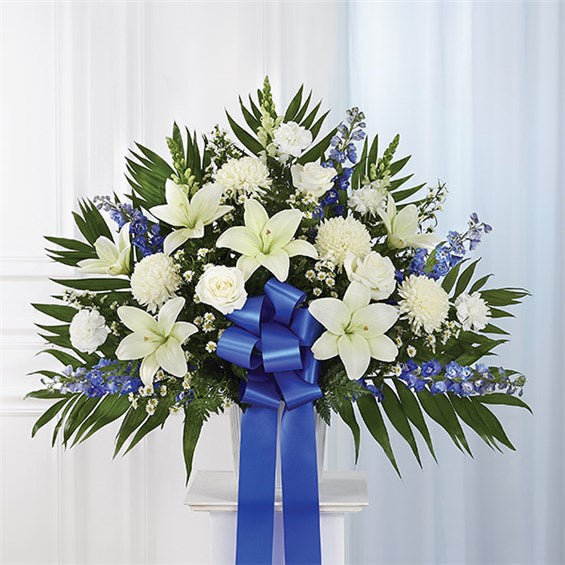 Blue & White Standing Basket - Livermore - Funeral Flowers