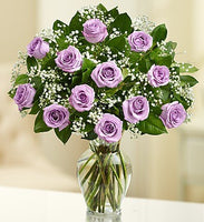 Lavender roses with babies breath in a glass vase for same day fresh flowers delivery by local florist near Livermore,Pleasanton , Dublin