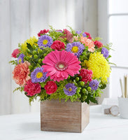 Pink gerbera daisies, yellow footbal mums , orange carnations