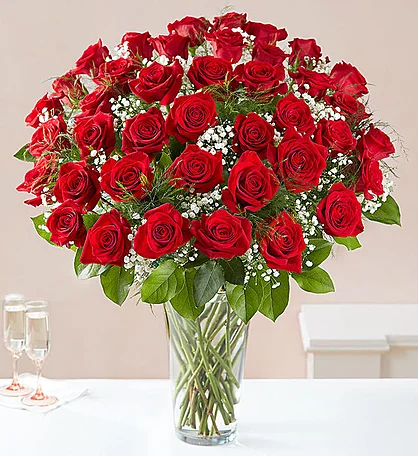 thirty six long stemmed red roses in a tall vase with babies breath same day fresh flowers delivery by local florist near Livermore,Pleasanton , Dublin