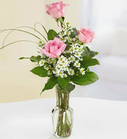 
              three pink roses in a bud vase with fillers
            