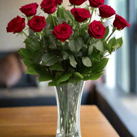 Dozen long stemmed red roses in a premium octagon  vase same day fresh flowers delivery by local florist near Livermore,Pleasanton , Dublin