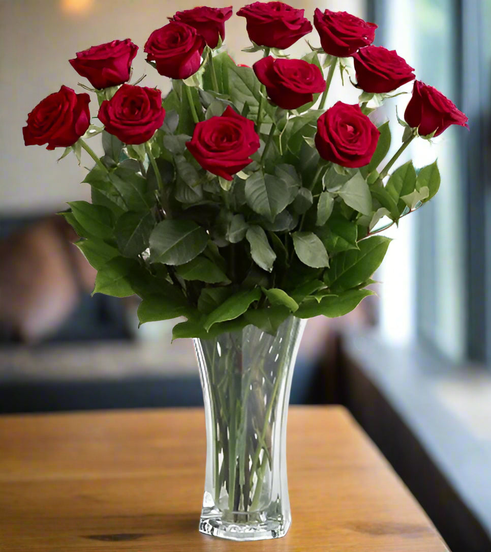 Dozen long stemmed red roses in a premium octagon  vase same day fresh flowers delivery by local florist near Livermore,Pleasanton , Dublin