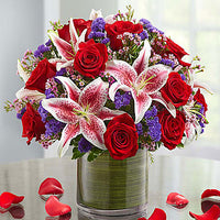 Red roses with stargazers and purple fillers same day fresh flowers delivery by local florist near Livermore,Pleasanton , Dublin