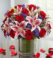
              Red roses with stargazers and purple fillers same day fresh flowers delivery by local florist near Livermore,Pleasanton , Dublin
            