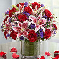 Red roses with stargazers and purple fillers same day fresh flowers delivery by local florist near Livermore,Pleasanton , Dublin