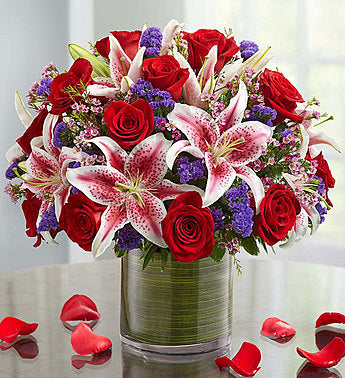 Red roses with stargazers and purple fillers same day fresh flowers delivery by local florist near Livermore,Pleasanton , Dublin