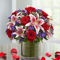 Red roses and stargazers with purple fillers same day fresh flowers delivery by local florist near Livermore,Pleasanton , Dublin