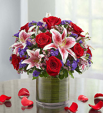 Red roses and stargazers with purple fillers same day fresh flowers delivery by local florist near Livermore,Pleasanton , Dublin