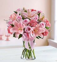 
              Pink roses, asiatic lilies and pink carnations in a vase for same day fresh flowers delivery by local florist near Livermore,Pleasanton , Dublin
            