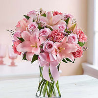 Pink roses, asiatic lilies and pink carnations in a vase for same day fresh flowers delivery by local florist near Livermore,Pleasanton , Dublin