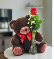 
              Single red rose in a bud vase with a teddy bear on the side
            