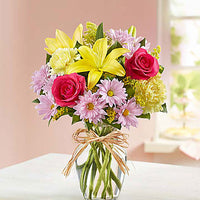 pink roses,yellow lilies, lavender daisies