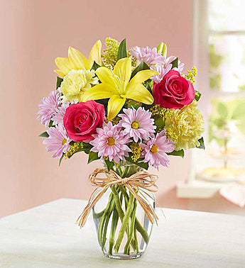 pink roses,yellow lilies, lavender daisies