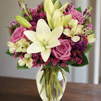 Lavender roses with white lilies and purple fillers for same day fresh flowers delivery by local florist near Livermore,Pleasanton , Dublin