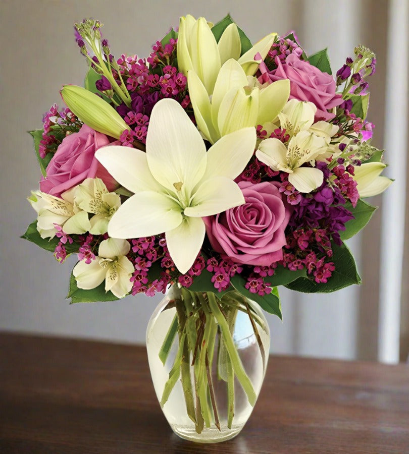 Lavender roses with white lilies and purple fillers for same day fresh flowers delivery by local florist near Livermore,Pleasanton , Dublin