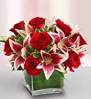 
              Red roses with stargazers in a glass cube vase for same day fresh flowers delivery by local florist near Livermore,Pleasanton , Dublin
            