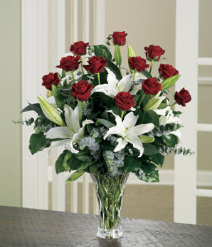 Red roses with white oriental lilies in an octagon vase same day fresh flowers delivery by local florist near Livermore,Pleasanton , Dublin