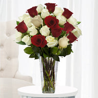 Red and white roses in a vase for same day delivery to Pleasanton and Livermore