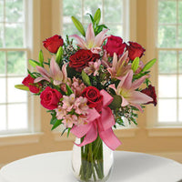 Red and Pink roses with asiatic lilies and pink alstroemerias same day fresh flowers delivery by local florist near Livermore,Pleasanton , Dublin