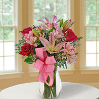 Red and Pink roses with asiatic lilies and pink alstroemerias same day fresh flowers delivery by local florist near Livermore,Pleasanton , Dublin