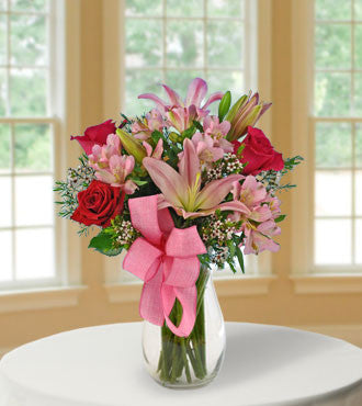Red and Pink roses with asiatic lilies and pink alstroemerias same day fresh flowers delivery by local florist near Livermore,Pleasanton , Dublin