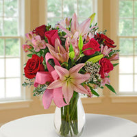 Red and Pink roses with asiatic lilies and pink alstroemerias same day fresh flowers delivery by local florist near Livermore,Pleasanton , Dublin