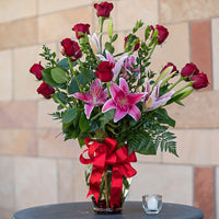 Dozen red roses with stargazers same day fresh flowers delivery by local florist in Livermore, Pleasanton, Dublin