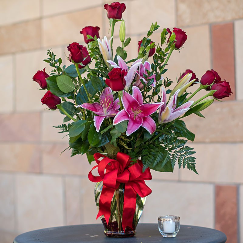 Dozen red roses with stargazers same day fresh flowers delivery by local florist in Livermore, Pleasanton, Dublin