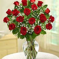 Eighteen Dozen Red Roses in a vase with babies breath Same day flowers delivery by local florist near Livermore, Pleasanton, Dublin