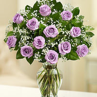 Lavender roses with babies breath in a glass vase for same day fresh flowers delivery by local florist near Livermore,Pleasanton , Dublin