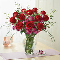 Dozen red roses and orchids for same day fresh flowers delivery by local florist near Livermore,Pleasanton , Dublin