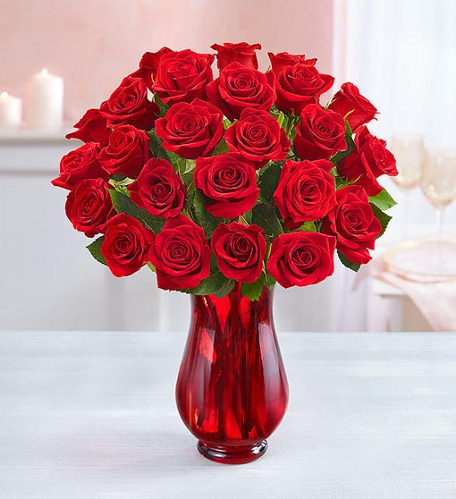 TWO DOZEN RED ROSES IN A RED VASE