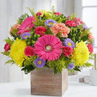 Pink gerbera daisies, yellow footbal mums , orange carnations