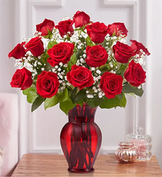 
              Eighteen red roses with babies breath in a red vase for same day fresh flowers delivery by local florist near Livermore,Pleasanton , Dublin
            