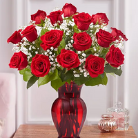 Eighteen red roses with babies breath in a red vase for same day fresh flowers delivery by local florist near Livermore,Pleasanton , Dublin